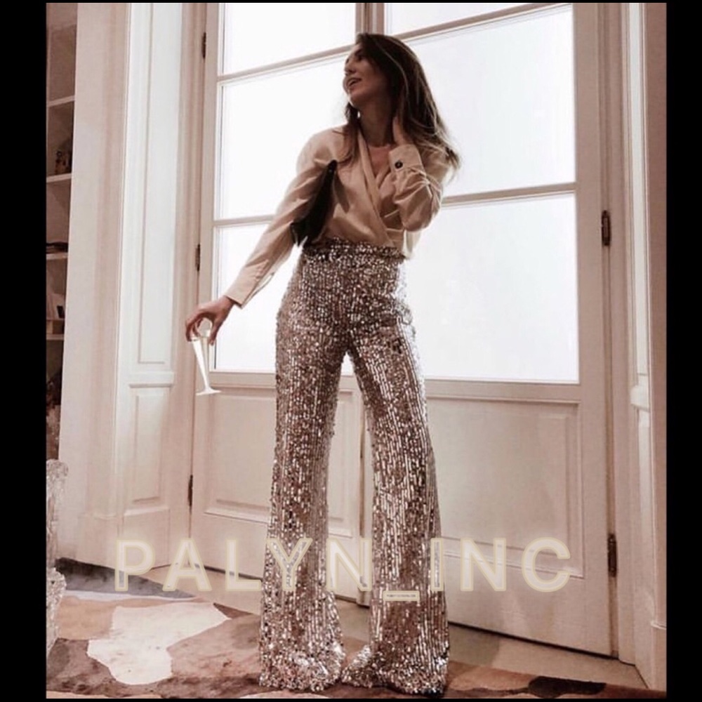 NWT ZARA SILVER SEQUINNED FLARED TROUSERS PANTS